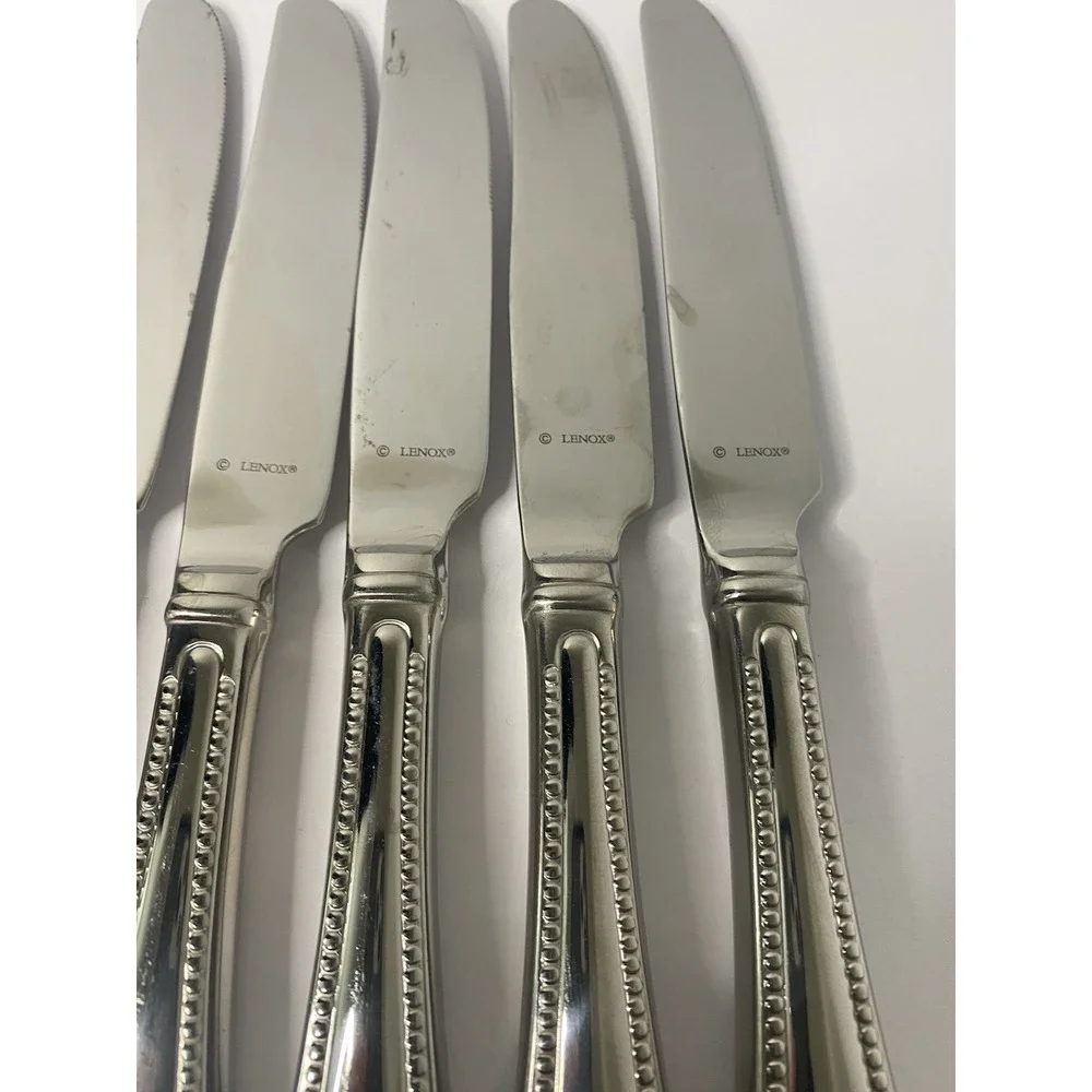 8 Dinner Knives Hollow Lenox BEAD Glossy Plume Tip Stainless 9 1/4